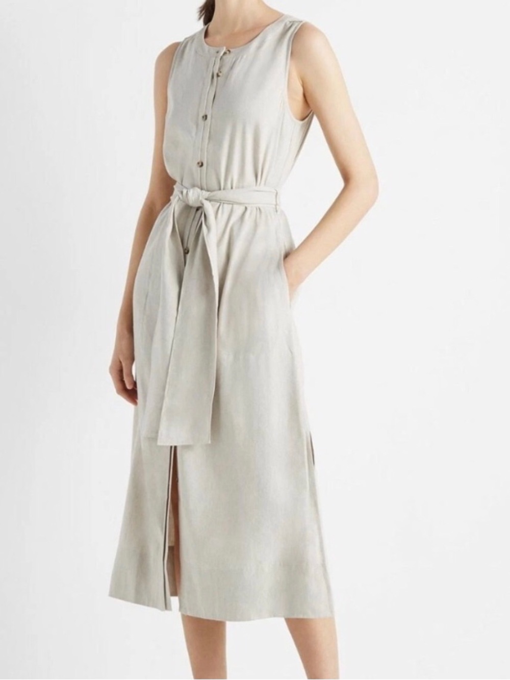 Club Monaco Sleeveless Button-Front Belted Midi Dress in Light Gray